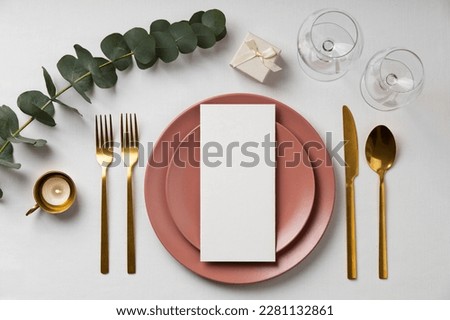 wedding table arrangement. The wedding decor. Plate without food. Dining table empty plate. Top view. Royalty-Free Stock Photo #2281132861