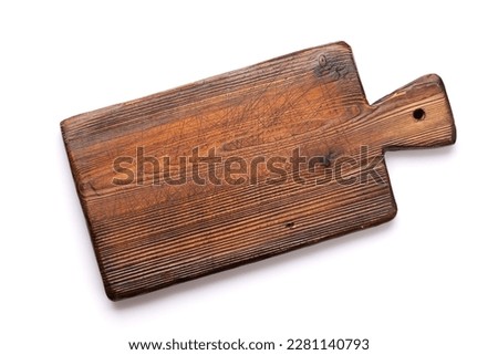 Wooden cutting board. Isolated on white background. Flat lay top view Royalty-Free Stock Photo #2281140793