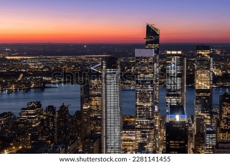 New York City skyline. Manhattan sunset skyscrapers panorama