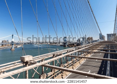 New York City skyline. Manhattan bridge from Brooklyn bridge