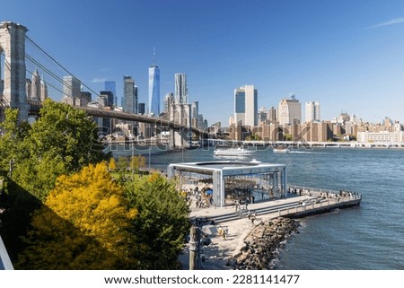 Iconic NYC skyline viewed from Brooklyn across East river