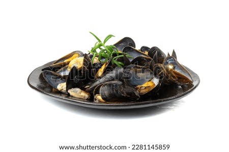 Mussels Pile on Black Plate Isolated, Open Shellfish, Seafood, Mussels Meat, Cooked Clams on White Background Royalty-Free Stock Photo #2281145859
