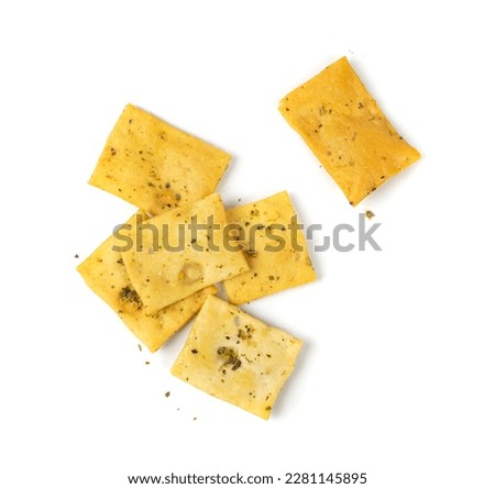 Pita Chips Pile Isolated, Small Wheat Tortillas, Crunchy Flat Bread with Herbs and Spices, Spicy Mediterranean Wheat Snack, Pita Chips on White Background Top View Royalty-Free Stock Photo #2281145895