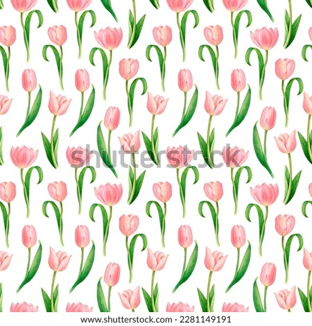 Watercolour painted square pattern with opened flowers and buds of pink tulips, detached stems. White background, picture is skillfully made for textile printing, card, background, napkin, invitation