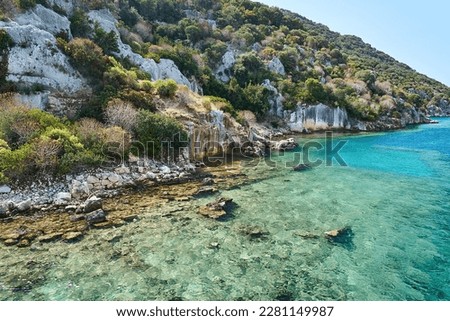 Ruins and turquoise waters of Sunken City of Kekova Island. Island located near Simena (aka Kaleköy), between Kaş and Demre, Antalya Province of Turkey. Lycian settlement, used by Byzantines too