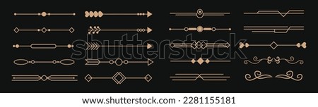 Art deco dividers and decorative golden headers. Victorian book and interior ornament. Vector flat style cartoon art deco illustration on black background
