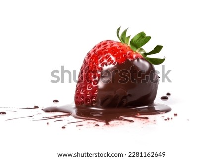 Red ripe strawberry in milk chocolate with splash on white background. Sweet berry desert. Strawberry in a chocolate on white background. Royalty-Free Stock Photo #2281162649