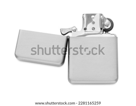 Gray metallic cigarette lighter isolated on white, top view Royalty-Free Stock Photo #2281165259