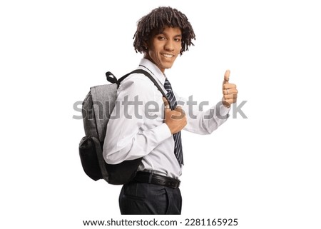 African american male student carrying a backpack and gesturing thumbs up