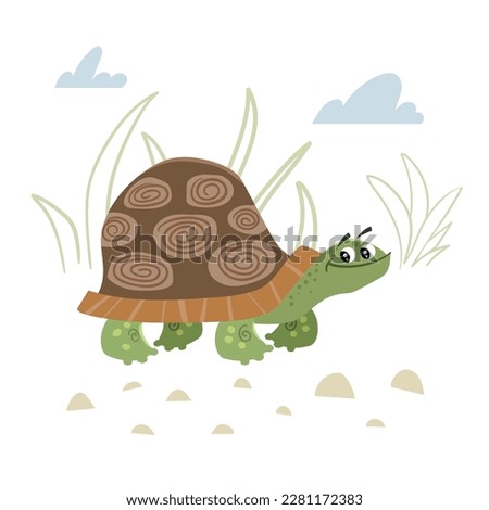 Cute childish cartoon little turtle. Simple preschool design template. Best for cloth print and party designs. Vector illustration.
