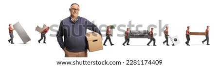 Movers carrying items and a mature male customer holding a cardboard box and smiling at camera isolated on white background