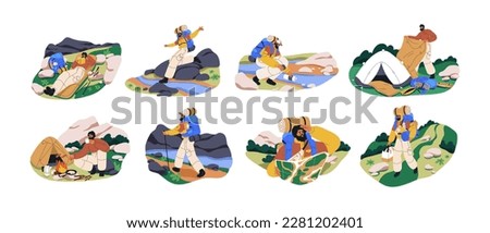 Hiker travels alone. Solo tourist with backpack hiking, camping in nature on summer vacation. Man wayfarer, happy single traveler set. Flat graphic vector illustrations isolated on white background Royalty-Free Stock Photo #2281202401