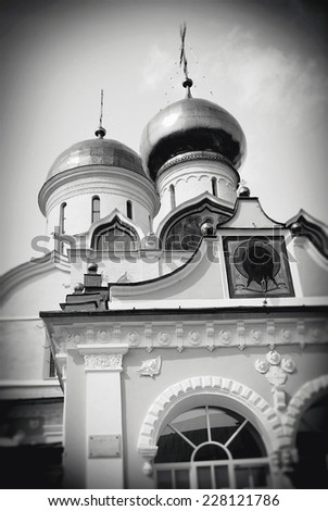 View of the Trinity Sergius Lavra. Popular touristic landmark, UNESCO World Heritage Site. Vintage style sepia photo.