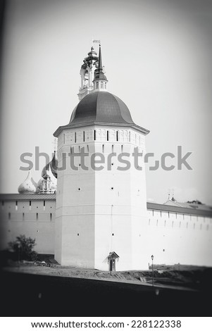 View of the Trinity Sergius Lavra. Popular touristic landmark, UNESCO World Heritage Site. Vintage style sepia photo.