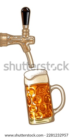 Beer tap and dimpled Oktoberfest glass beer Mug. Hand drawn vector illustration isolated on white background.