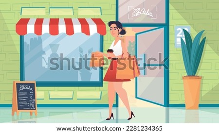 Concept Bakery with people scene in the background cartoon design. Woman came out of the bakery with coffee and delicious pastries. Vector illustration.