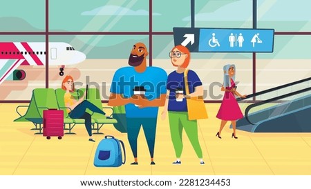 Concept Airport with people scene in the background cartoon design. Young couple waiting for their flight to be announced at the airport. Vector illustration.
