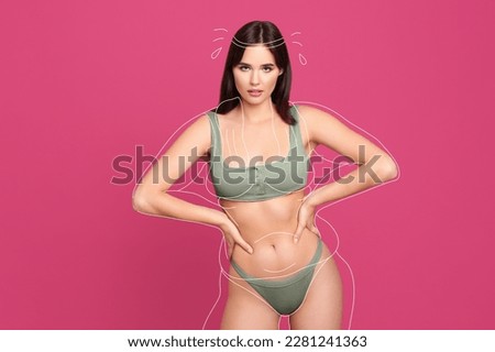 Beautiful slim woman in swimsuit on pink background. Outline with towel and sport headband during training as her overweight figure before workout Royalty-Free Stock Photo #2281241363