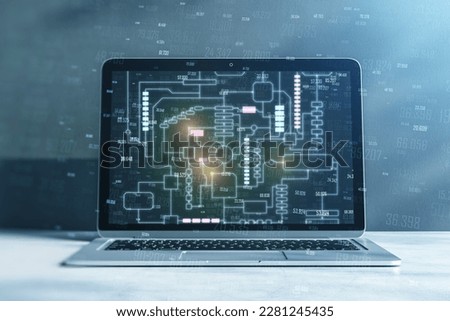 Close up of laptop on desktop with creative tech big data hologram on concrete wall background. Technology, future, ai, information and innovation concept. 3D Rendering
