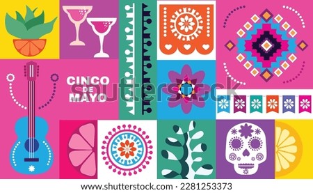 Happy Cinco de mayo festive temolate poster with sombrero, pepper, guitar, firework  Translation from spanish - Cinco de Mayo - May 5 federal holiday in Mexico.Vector modern illustration  Royalty-Free Stock Photo #2281253373