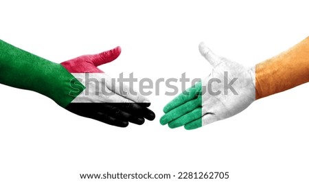 Handshake between Sudan and Ireland flags painted on hands, isolated transparent image.