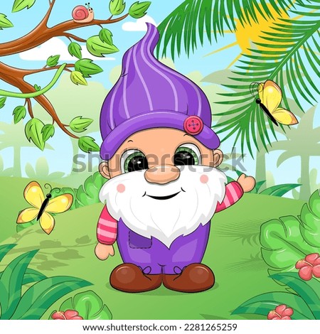 A cute cartoon gnome with a white beard in a purple hat and clothes standing in the forest. Vector illustration of a man in nature with trees and butterflies. Royalty-Free Stock Photo #2281265259