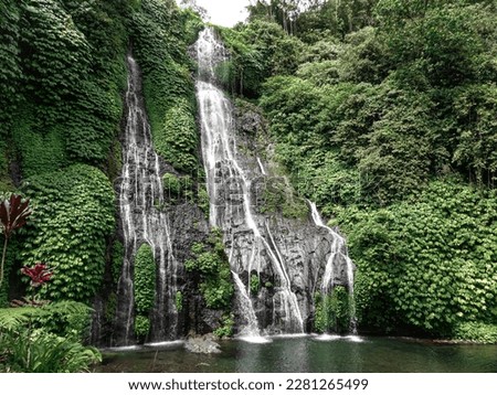 Beautiful waterfall in Bali. Banyumala waterfall in the forest. Water running and small lake under in the middle of the trees. Beautiful nature, jungle and holidays.