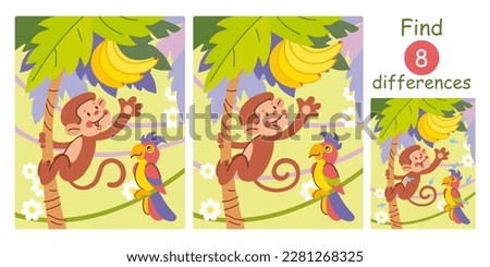 Find differences, education game for children. Cute cartoon monkey and parrot, jungle animals and birds. Flat vector jungle illustration. 