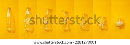 Collection of empty recycled plastic bottles from full to crumpled, photo collage on yellow background. Panoramic banner view.