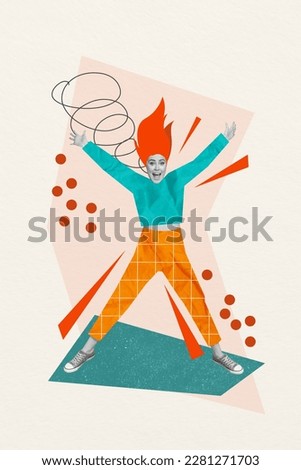 Collage of carefree overjoyed funky girl jumping crazy hairstyle wear cartoon style clothes shopaholic promo isolated on beige background