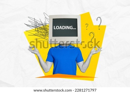 Creative photo collage of headless man monitor instead of head searching information in network om gesture isolated painted background