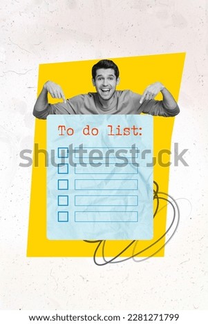 Realistic photo collage of young man directing fingers paper list with to do checklist much tasks business isolated on white background