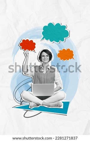 Vertical artwork collage picture of positive black white colors girl use netbook hold empty space dialogue bubble isolated on painted background