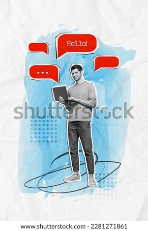 Vertical collage image of black white effect positive guy use netbook chatting hello dialogue bubble isolated on painted background