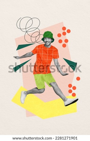 Vertical collage image of black white effect energetic cheerful guy jumping isolated on drawing background