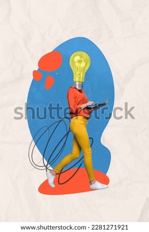 Vertical collage image of walking girl hold use netbook big light bulb instead head isolated on drawing background