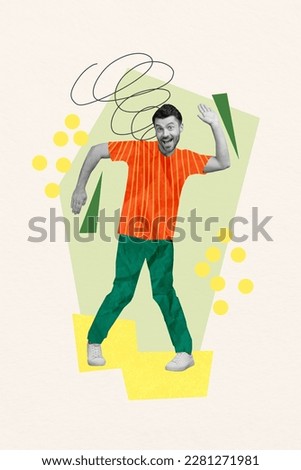 Collage photo of young excited careless chilling funky guy dancer music lover boogie woogie new cartoon party isolated on drawn background