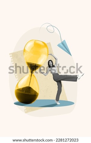 Vertical artwork collage image of mini amazed black white effect girl big sand clock glass flying paper plane isolated on creative background