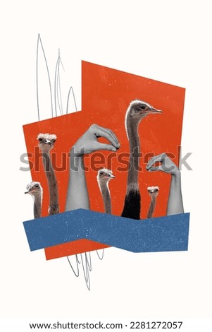 Vertical collage portrait of arms fingers demonstrate duck gesture birds isolated on creative background