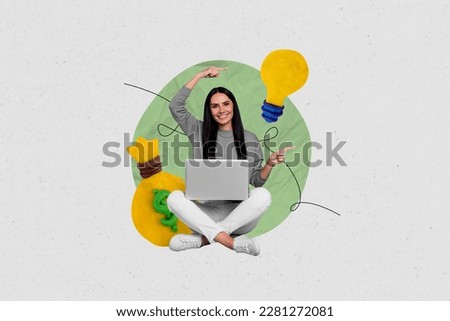 Creative retro 3d magazine collage image of smiling charming lady texting device pointing fingers idea isolated painting background