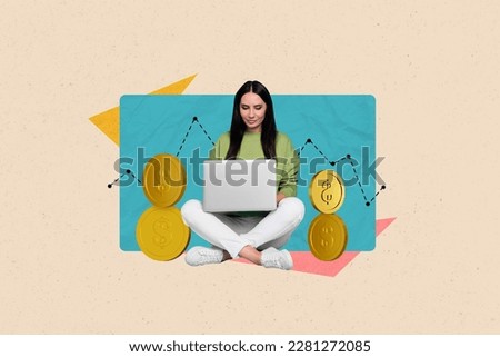 Photo cartoon comics sketch collage picture of smiling lady working modern gadget earning cash isolated drawing background