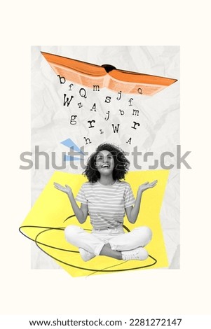 Photo collage of young curious funny girl looking excited open book materials letters falling dictionary isolated on white background