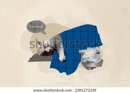 Artwork magazine collage picture of tired sleepy tiger lying under blanket feeling tired isolated drawing background