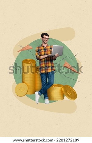 Creative illustration 3d photo collage artwork sketch of smart clever man office manager banker make money isolated on painted background