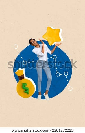 Vertical drawing creative picture photo artwork of excited happy woman rejoice successful project isolated on painted background
