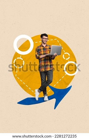 Vertical 3d collage picture creative image photo poster artwork of smart clever man nerd develop website isolated on drawing background