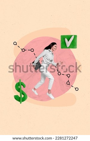 Vertical photo 3d collage artwork sketch of happy girl hurrying work carry netbook successful finished work isolated on drawing background