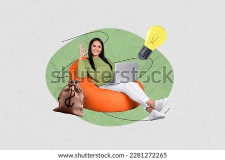 Photo collage artwork minimal picture of sad confident lady showing okey having startup idea isolated drawing background