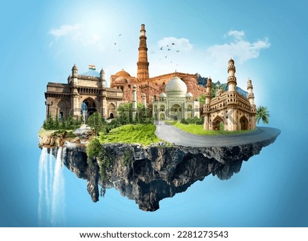 Collage of India monuments heritage sites landmarks and tours and travel destinations. Royalty-Free Stock Photo #2281273543