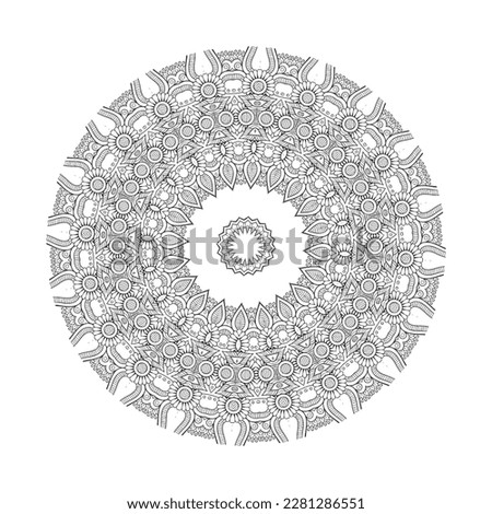 The mandala includes a wheel, bell, triangle, lotus, and sun. Wheel with eight spokes: The circular nature of a wheel works as an artistic representation of a perfect universe.  Royalty-Free Stock Photo #2281286551